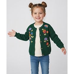 Bonfino 100% Cotton Knit Full Sleeves Front Open Sweater With Floral Embroidery - Green