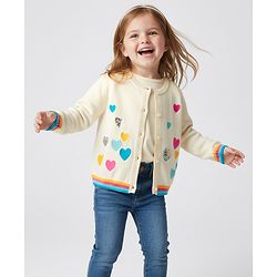 Bonfino 100% Cotton Knit Full Sleeve Front Open Sweater with Heart Embroidery & Sequin Detailing - White