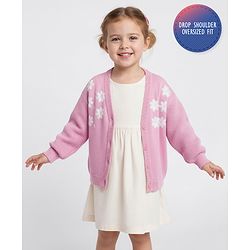 Bonfino 100% Cotton Knitted Full Sleeves Front Open Sweater with Floral Embroidery - Light Pink