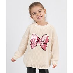 Bonfino 100% Cotton Knit Full Sleeves Pullover Sweater With Sequin Bow Embroidery - White