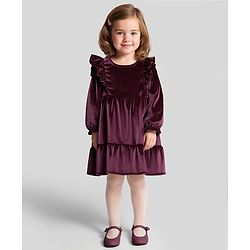 Bonfino Woven Full Sleeves Velour Solid Party Dress - Wine