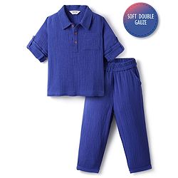 Bonfino 100% Cotton Woven Double Gauze Full Sleeves Solid Shirt & Trouser Co-Ord Set - Blue