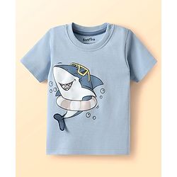 Bonfino 100% Cotton Knit Half Sleeves T-Shirt and Shorts Sets With Shark Print - Light Blue