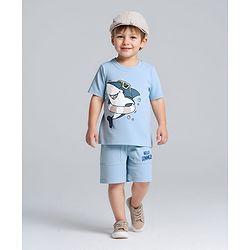 Bonfino 100% Cotton Knit Half Sleeves T-Shirt and Shorts Sets With Shark Print - Light Blue