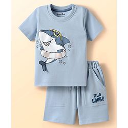 Bonfino 100% Cotton Knit Half Sleeves T-Shirt and Shorts Sets With Shark Print - Light Blue