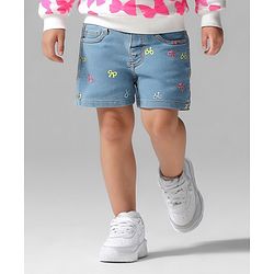 Bonfino Cotton Woven Knee Length Washed Shorts With Ribbon Embroidery - Light Blue