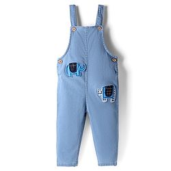 Bonfino Denim Woven Sleeveless Washed Dungaree with Elephant Applique Detail - Blue