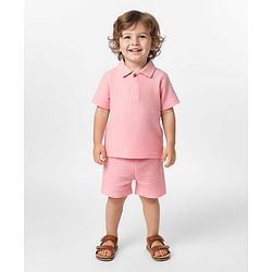 Bonfino 100% Cotton Woven Double Gauz Half Sleeves T-Shirt & Shorts Co-ords - Pink