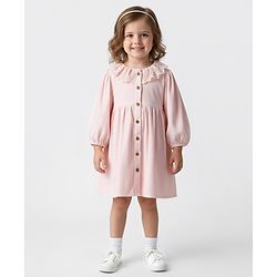 Bonfino 100% Cotton Corduroy Three Forth Sleeves Frock With Lace Collar - Pink