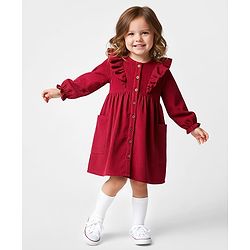 Bonfino Cotton Woven Corurouy Full Sleeves Dress with Frill Detail - Wine