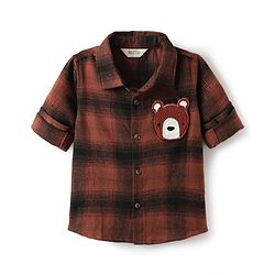Bonfino Cotton Woven Full Sleeves Checks Shirt With Bear Applique - Brown