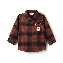 Bonfino Cotton Woven Full Sleeves Checks Shirt With Bear Applique - Brown