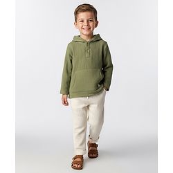 Bonfino 100% Cotton Woven Full Sleeves Hooded Shirt & Pant Set With Textured Design & Kangaroo Pockets - Olive Green