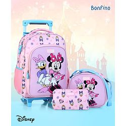 Bonfino Disney Minnie Mouse Trolley Backpack with Lunch Bag and Pencil Pouch- Pink| Bottle Pouch| Telescopic Trolley Handle| Durable Zippers| Comfortable Back Cushion - Height 17 Inches