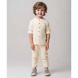 Bonfino 100% Cotton Woven Mandarin Collar Full Sleeves Shirt & Bottomwear Set With Textured Print - Beige