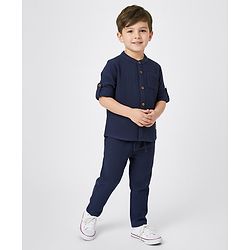 Bonfino 100% Cotton Woven Full Sleeves Double Gauze Shirt & Trouser Co-Ord Set with Mandarin Collar & Front Pocket - Navy Blue