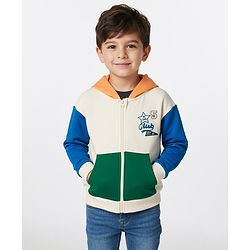 Bonfino 100% Cotton Fleece Full Drop Shoulder Sleeves Hooded Sweatjacket with Colour Block Design - White