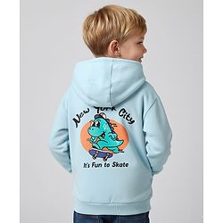Bonfino 100% Cotton Fleece Full Drop Shoulder Sleeves Hooded Sweatjacket with Front & Back Dino Print - Aqua Blue