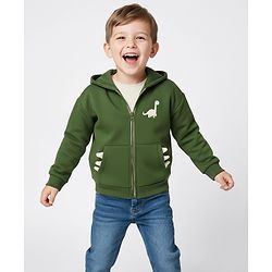 Bonfino 100% Cotton Fleece Knit Full Drop Shoulder Sleeves Hooded Sweatjacket with Kangaroo Pockets & Dino Print - Olive Green