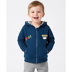 Bonfino 100% Cotton Fleece Knit Full Sleeves Hooded Sweatjacket With Tiger & Text Embroidery & Kangaroo Pockets - Navy Blue