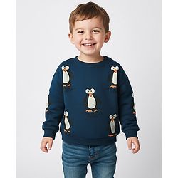 Bonfino 100% Cotton Fleece Full Sleeves Sweatshirt with Penguin Print - Blue