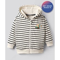 Bonfino 100% Cotton Fleece Knit Full Drop Shoulder Sleeves Striped Hooded Sweatjacket With Vehicle Print - Off White