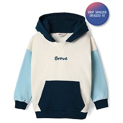 Bonfino 100% Cotton Fleece Knit Full Drop Shoulder Sleeves Hooded Sweatshirt with Kangaroo Pockets &   Brave Text Print - Offwhite & Light Blue