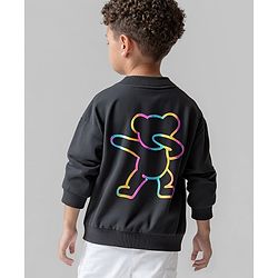 Bonfino 100% Cotton Fleece Knit Full Sleeves Bomber Jacket With Teddy Bear Holographic Print - Charcoal Grey