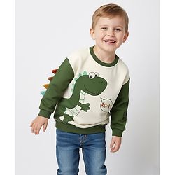 Bonfino 100% Cotton Fleece Knit Full Drop Shoulder Sleeves Colour Block Sweatshirt With Dino Print & Applique - Off White & Green