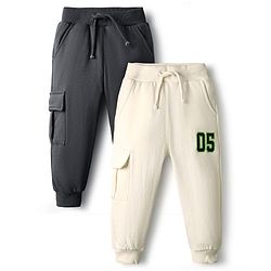 Bonfino 100% Cotton Fleece Knit Full Length Solid Trackpant with Cargo Pockets Pack of 2 - Grey & Off White