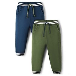 Bonfino 100% Cotton Knit Full Length Solid Color Fleece Pants with Tipping Rib Pack of 2 - Green & Navy Blue