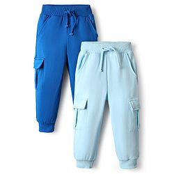 Bonfino 100% Cotton Fleece Knit Full Length Solid Trackpants with Cargo Pocket Pack of 2 - Royal Blue & Sky Blue