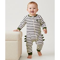 Bonfino 100% Cotton Fleece Knit Full Raglan Sleeves Striped Romper - Off White