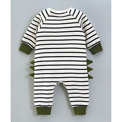 Bonfino 100% Cotton Fleece Knit Full Raglan Sleeves Striped Romper - Off White