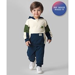 Bonfino 100% Cotton Fleece Knit Full Sleeves Color Block Hooded Sweatshirt & Joggers Set - Off White Navy Blue & Green