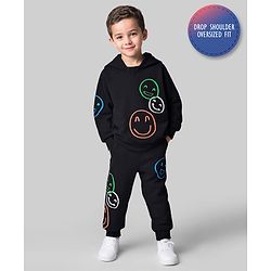 Bonfino 100% Cotton Fleece Knit Full Sleeves Winter Wear Hooded Sweatshirt & Joggers Set With Smiley Print - Black