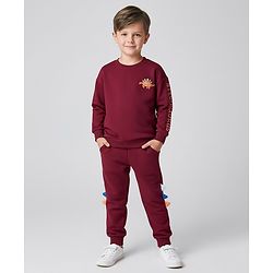 Bonfino 100% Cotton Fleece Drop Shoulder Full Sleeves Dino Printed Sweatshirt With Jogger - Maroon