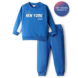 Bonfino 100% Cotton Knit Fleece Full Sleeves Sweatshirt & Jogger Set With Text Print - Blue