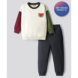 Bonfino Cotton Knit Full Sleeves Fleece Sweatshirt With Colour Block & Jogger Set - Off White & Black