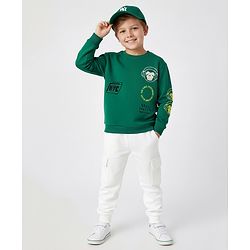 Bonfino 100% Cotton Fleece Drop Shoulder Full Sleeves Text Printed Sweatshirt With Cargo Jogger Set - Green & White