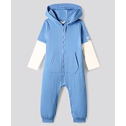 Bonfino 100% Cotton Fleece Knit Full Doctor Sleeves Solid Hooded Romper With Kangaroo Pockets - Blue