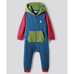 Bonfino 100% Cotton Fleece Knit Full Sleeves Colour Block Hooded Romper With Zipper & Kangaroo Pockets - Multi Colour