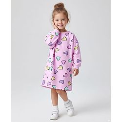Bonfino 100% Cotton French Terry Full Sleeves Oversized T-Shirt Dress with Heart Print - Lilac