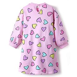 Bonfino 100% Cotton French Terry Full Sleeves Oversized T-Shirt Dress with Heart Print - Lilac