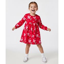 Bonfino 100% Cotton French Terry Knit Full Sleeves Oversized Winter Frock with Bow & Heart Print - Red