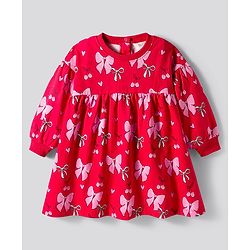 Bonfino 100% Cotton French Terry Knit Full Sleeves Oversized Winter Frock with Bow & Heart Print - Red