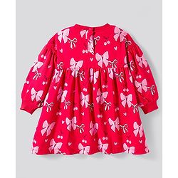 Bonfino 100% Cotton French Terry Knit Full Sleeves Oversized Winter Frock with Bow & Heart Print - Red