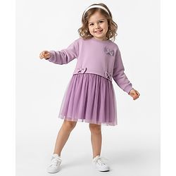 Bonfino 100% Cotton French Terry Knit Full Sleeves Oversized Solid Dress With Bow Applique & Mesh Layers - Lavender