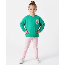 Bonfino 100% Cotton Knit Full Sleeves Oversized French Terry Sweatshirt & Legging Set With Floral Print - Green & Pink