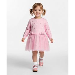 Bonfino 100% Cotton Knit French Terry Full Sleeves Oversized Winter Frock with Bow Applique and Mesh Layers - Pink